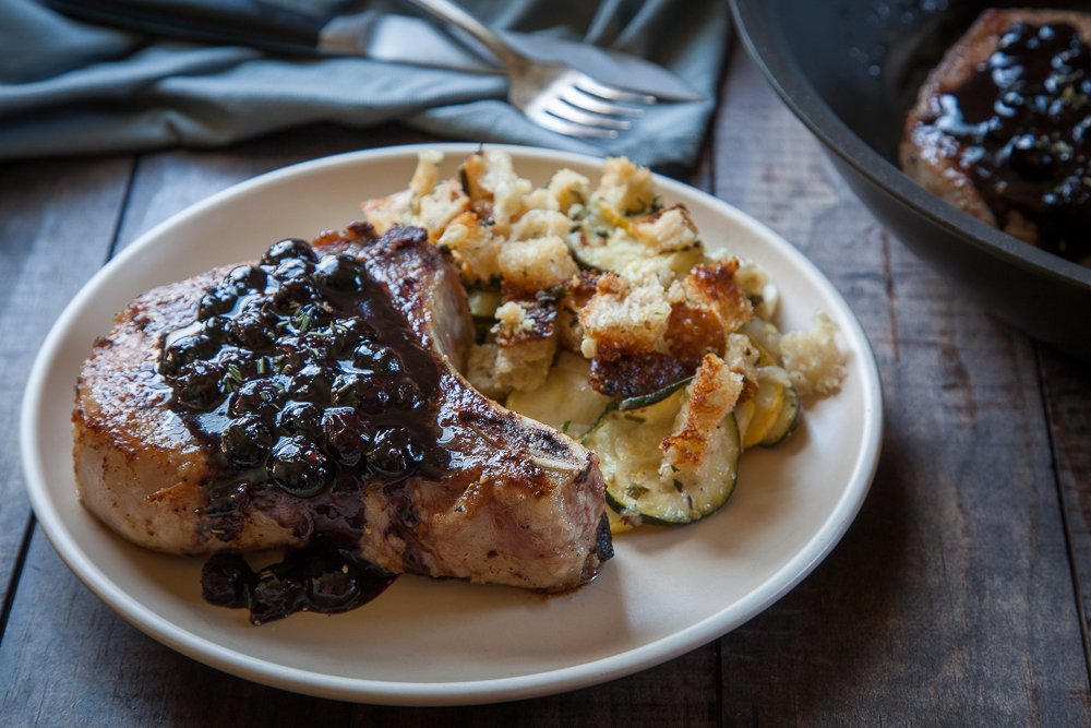 Spice Rubbed Pork Chop with Blueberry Maple Rosemary Sauce Anolon