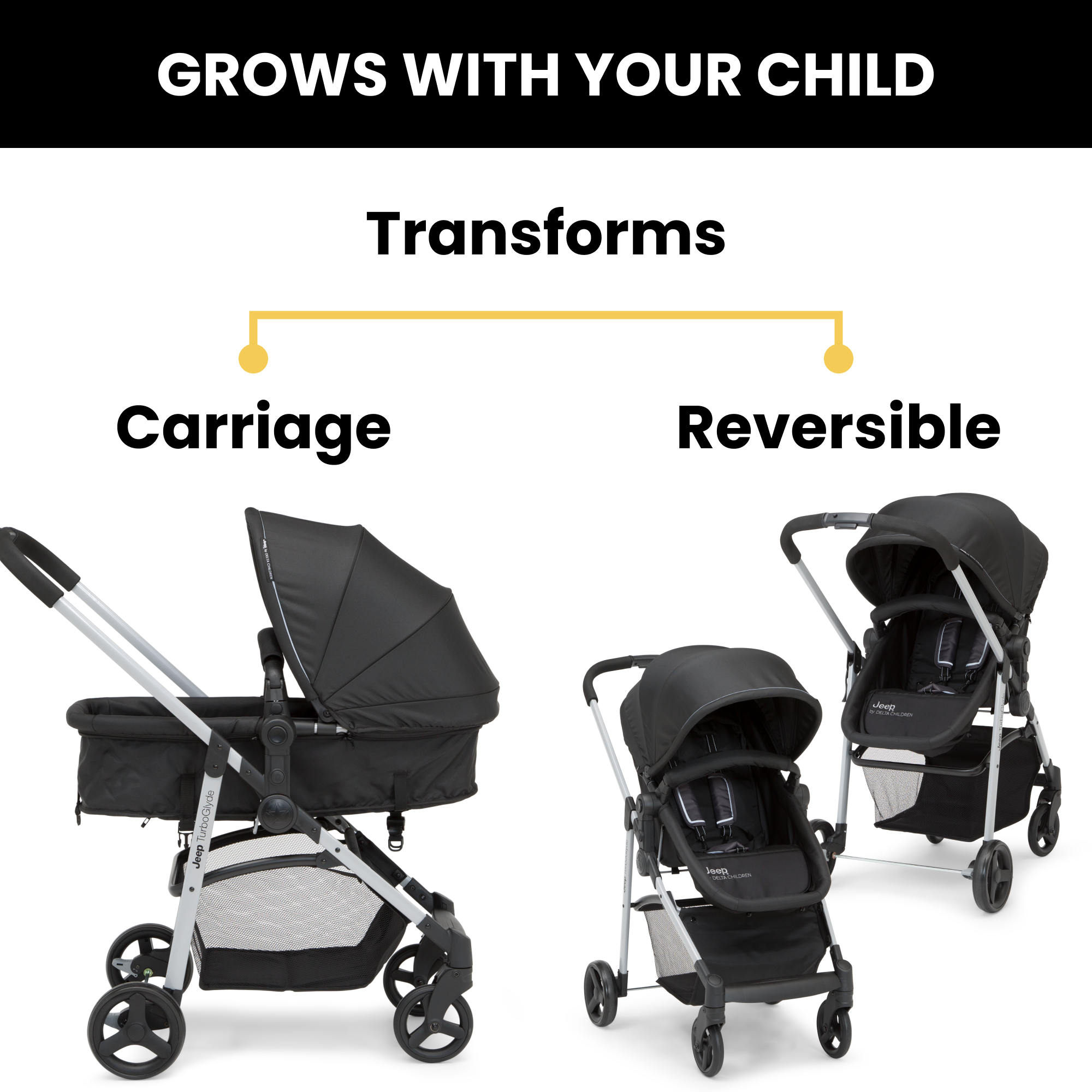 Jeep 3-in-1 stroller with adjustable handlebar and large storage basket