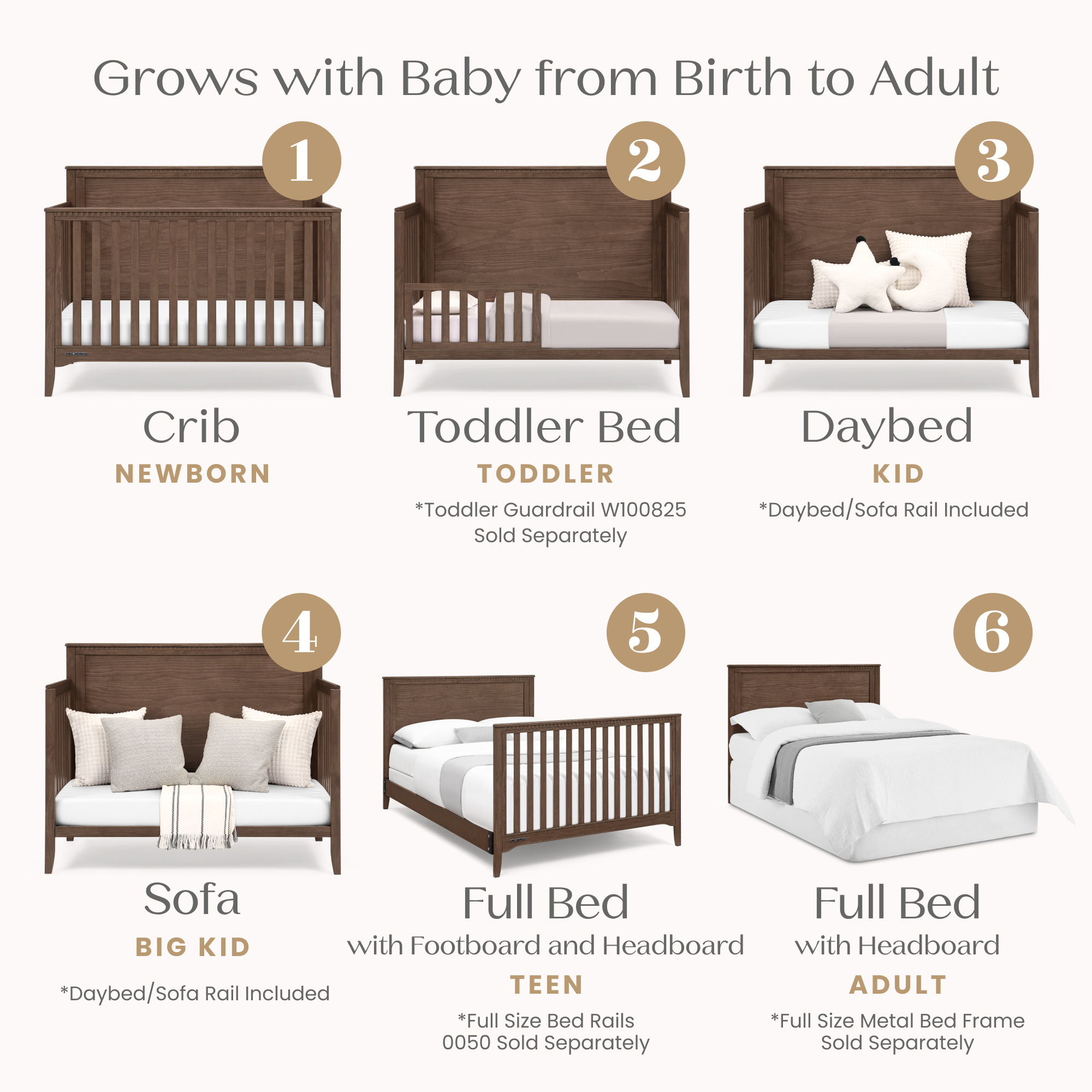 W207650 1526 kendall 6in1 crib teak brown callout 102