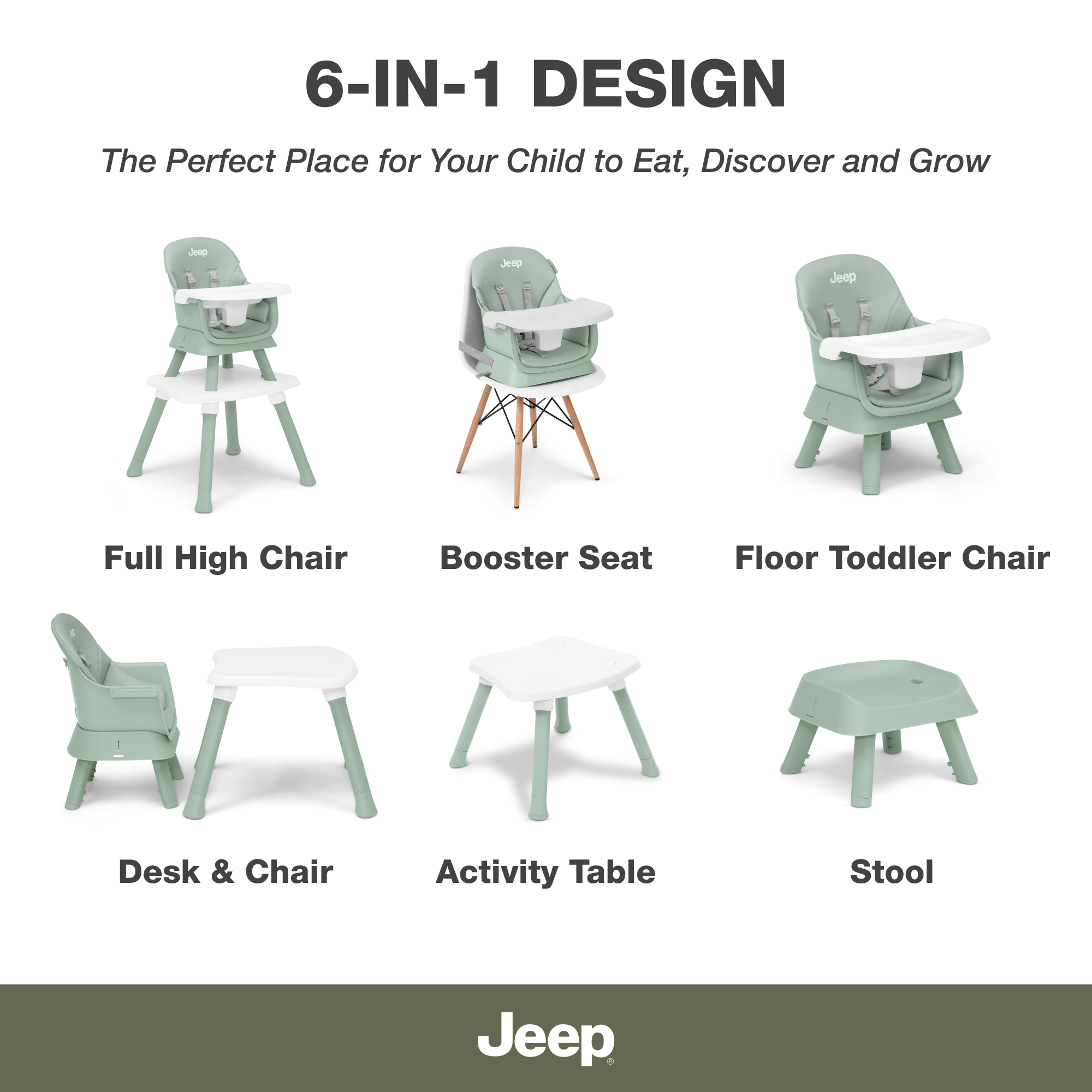 23411 2446 jeep milestone 6 in 1 high chair sage green callout 103