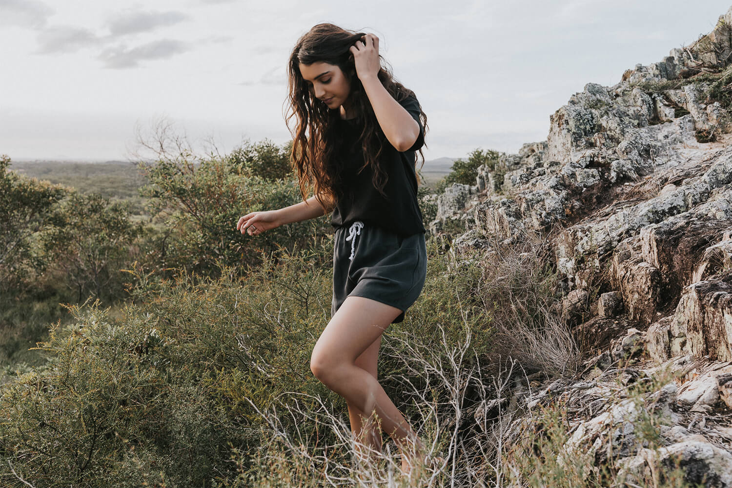 Tasi Travels' Women's Charcoal Roamer Shorts are handmade from a sustainable Tencel & hemp blend