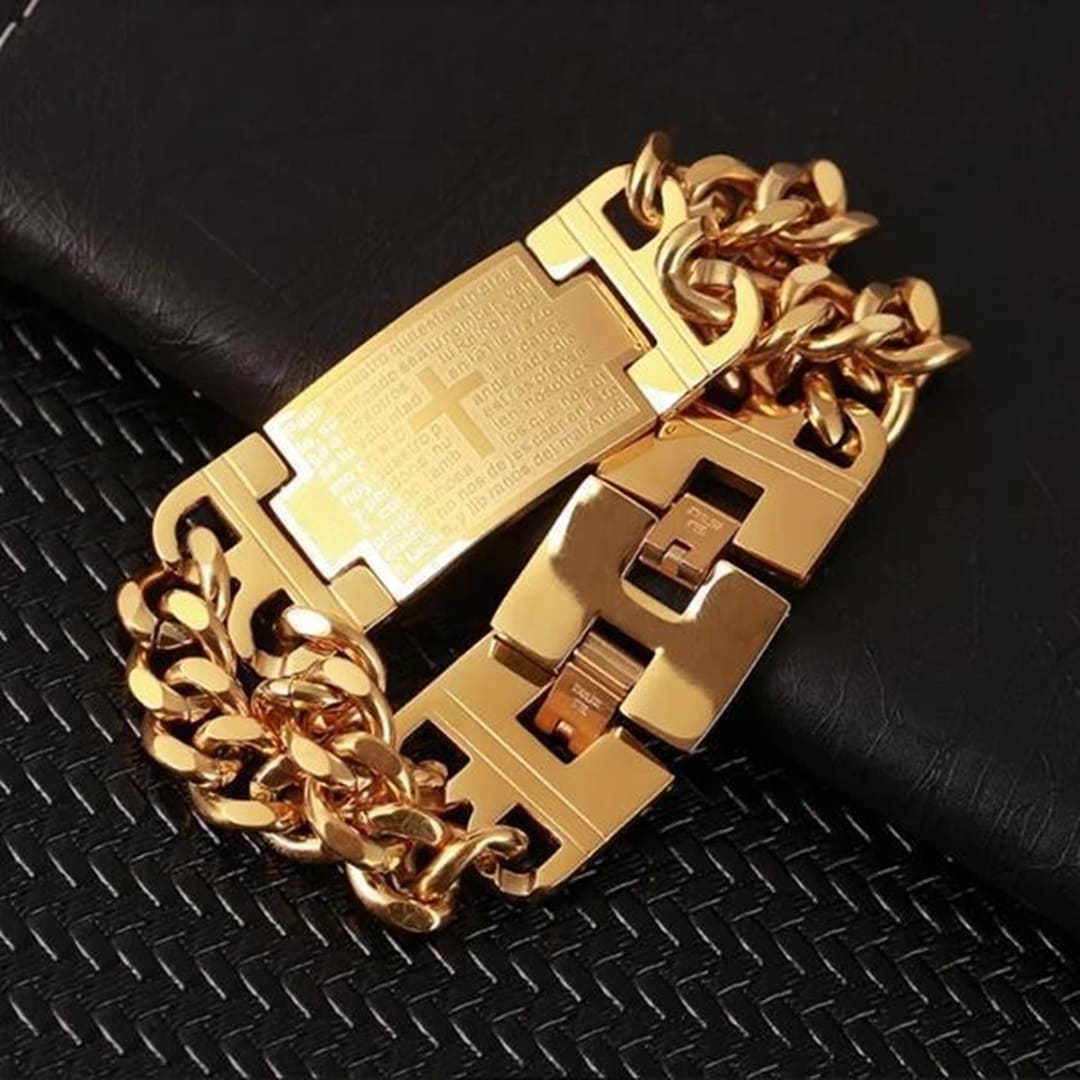 Pulseira masculina de luxo banhada a ouro com cruz Pulseira masculina de luxo banhada a ouro com cruz