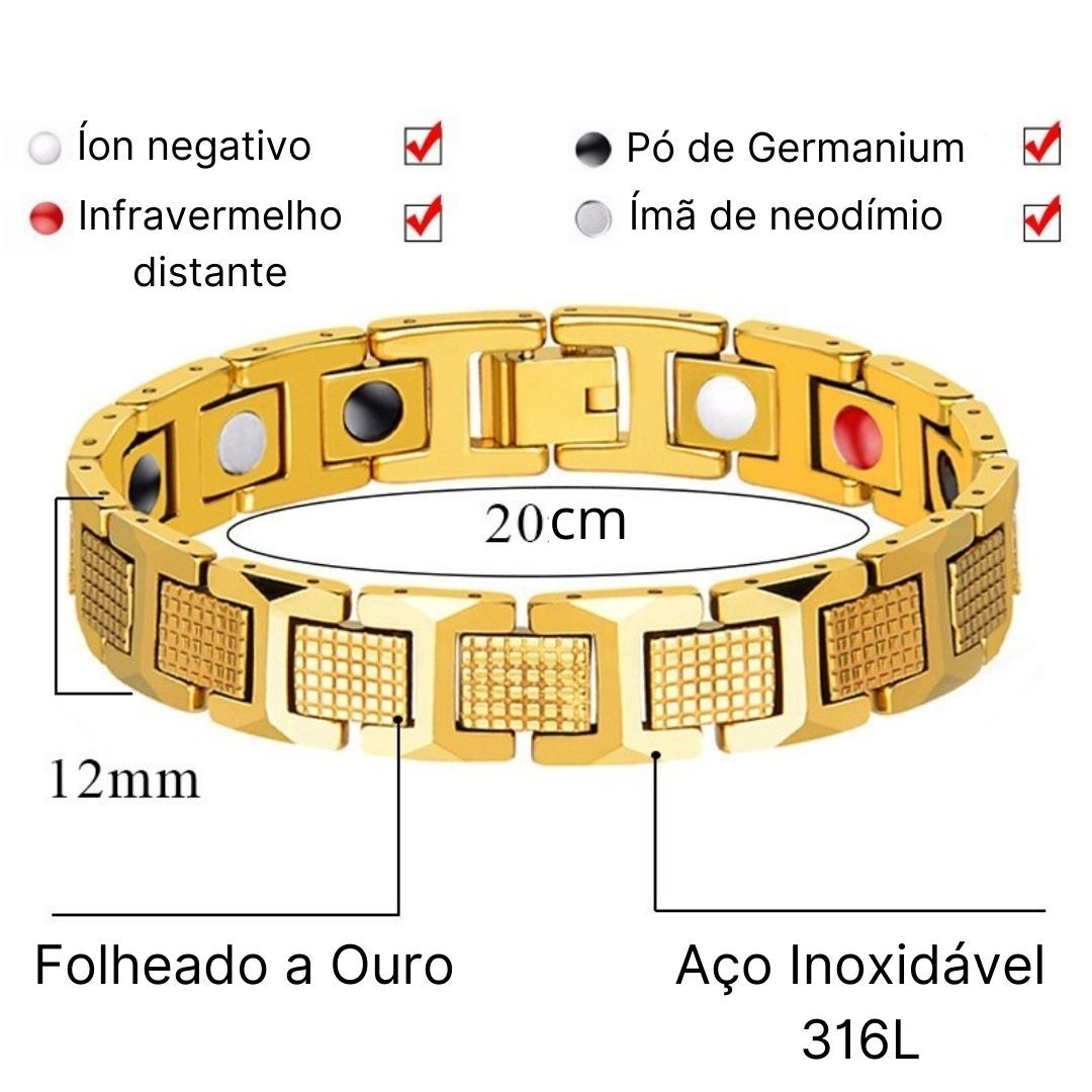 terapia magnética, bem-estar, vida saudável, aliviar dores, anti inflamatório, pulseira masculina, pulseira banhada a ouro, semijoia masculina, acessório masculino, pulseira elegante, pulseira de luxo, acessório luxuoso