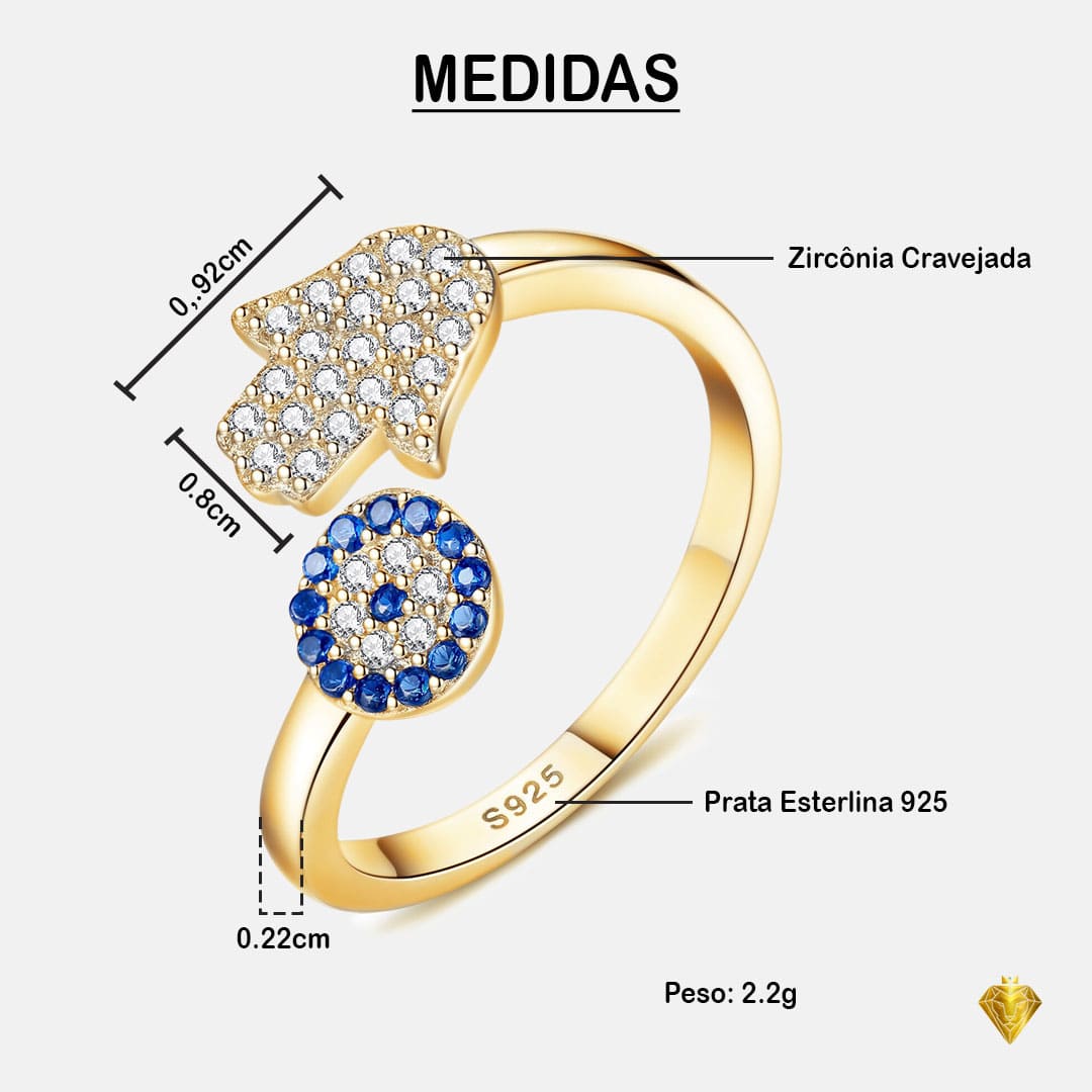 Anel Ajustável em Prata Esterlina 925 banhado a Ouro – Fortune Ring; Semijoia; Hamsá; Olho grego; Anel com Zircônia; Semijoia Feminina; Anel Feminino. 