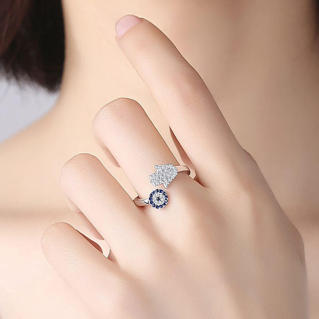 Anel Ajustável em Prata Esterlina 925 banhado a Ouro – Fortune Ring; Semijoia; Hamsá; Olho grego; Anel com Zircônia; Semijoia Feminina; Anel Feminino.