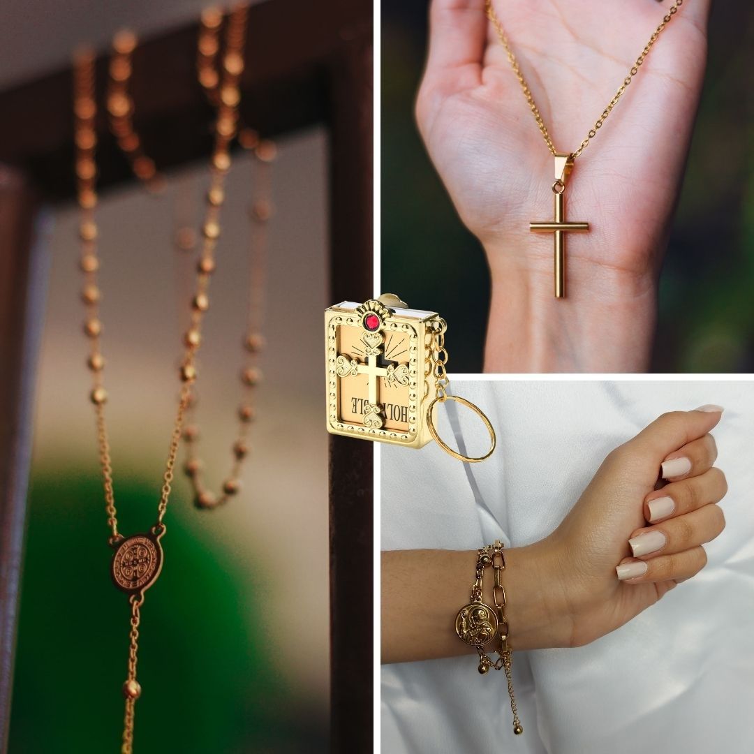 pulseira feminina, crucifixo feminino, crucifixo, terço feminino, terço, são bento, acessório feminino, conjunto feminino, fé, devoção, espiritualidade, energia espiritual, semijoia, banhado a ouro 18k, aço cirúrgico, antialérgico, bíblia sagrada, proteção