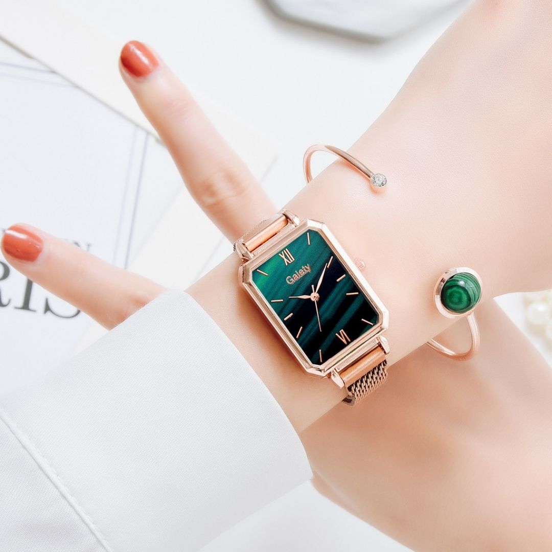 relógio feminino, pulseira feminina, conjunto feminino, cristais, malaquita, rose gold, conjunto moderno, relógio moderno, pulseira moderna, acessórios modernos, acessórios femininos
