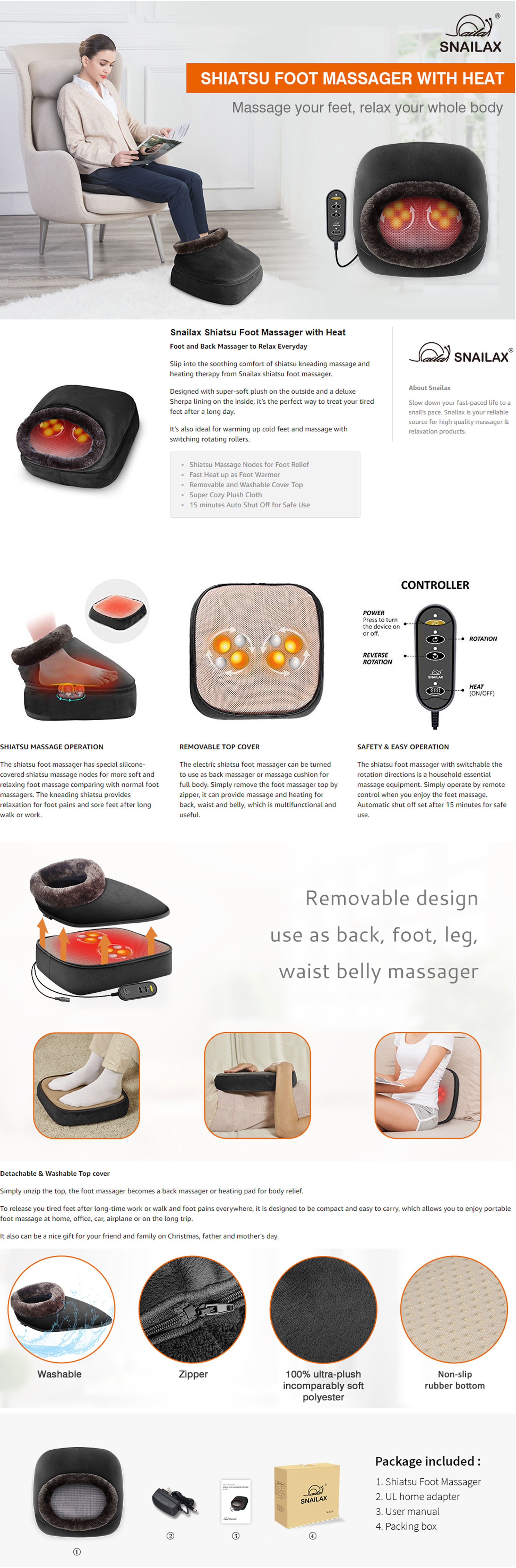 Snailax 2-In-1 Feet & Back Massager Features