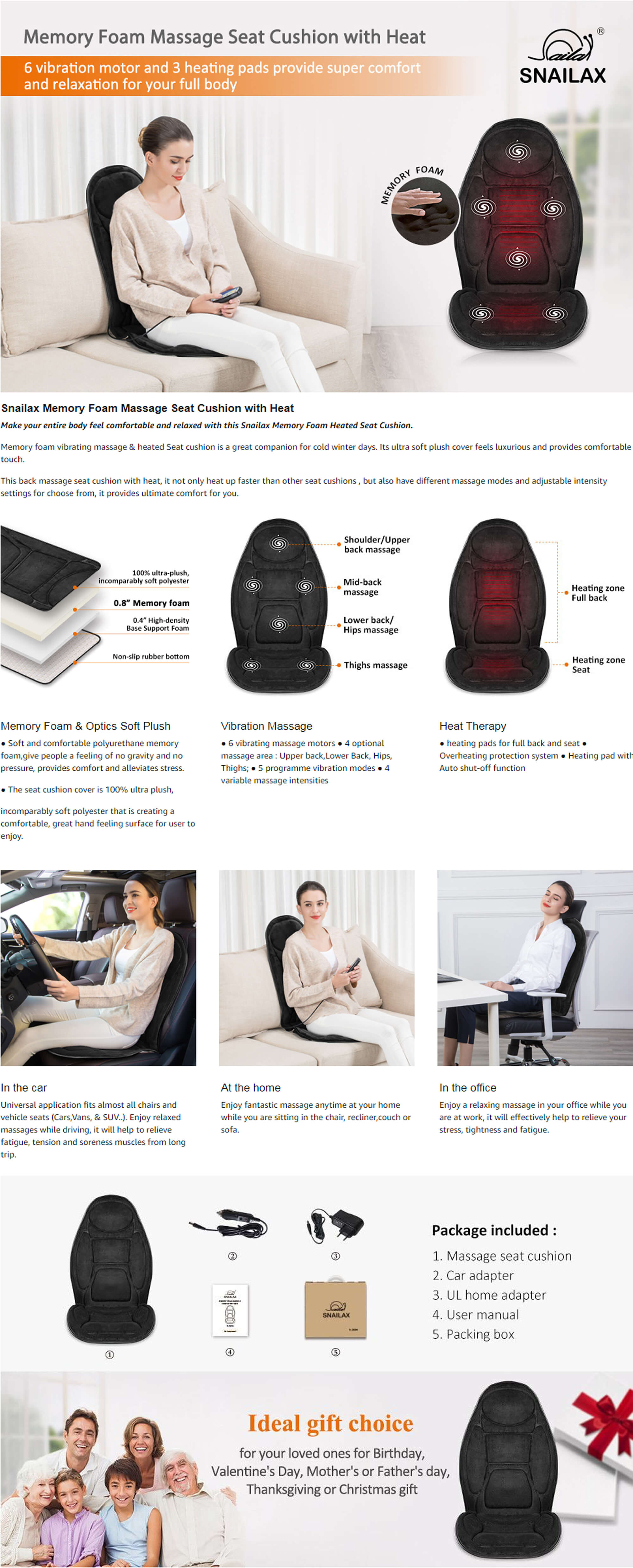 Snailax Vibration Back Massage Car Seat Cushion With Memory Foam Features