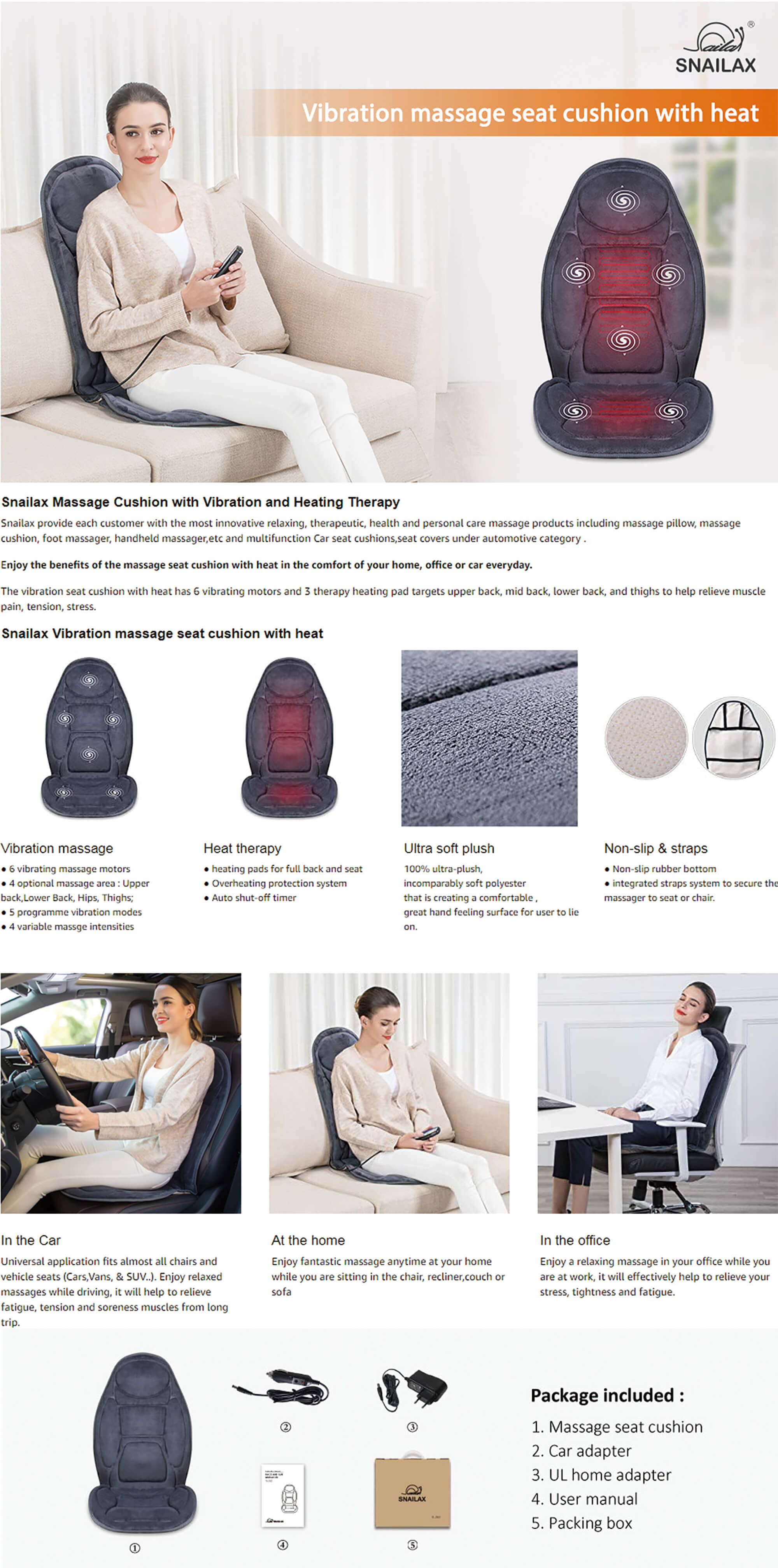 Snailax Back Massager Heating Pad Features