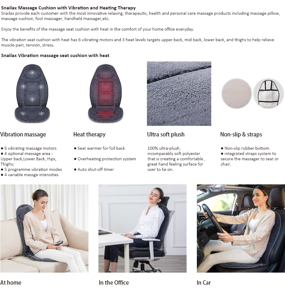 Snailax Vibration Car Chair Massager Pad, 6 Motors Back Massage Seat Cushion  with Heat Levels, Gifts 